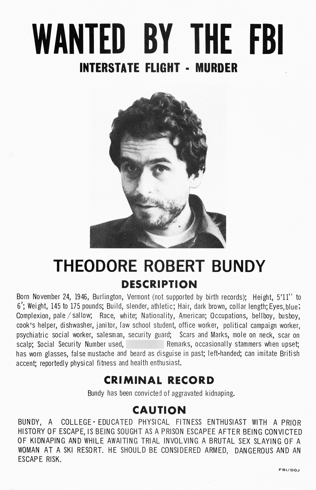 1978 FBI wanted poster for Theodore Robert Bundy, headed "Wanted by the FBI: Interstate Flight – Murder," with a photograph, physical description, and a caution that he is a prison escapee and an escape risk.